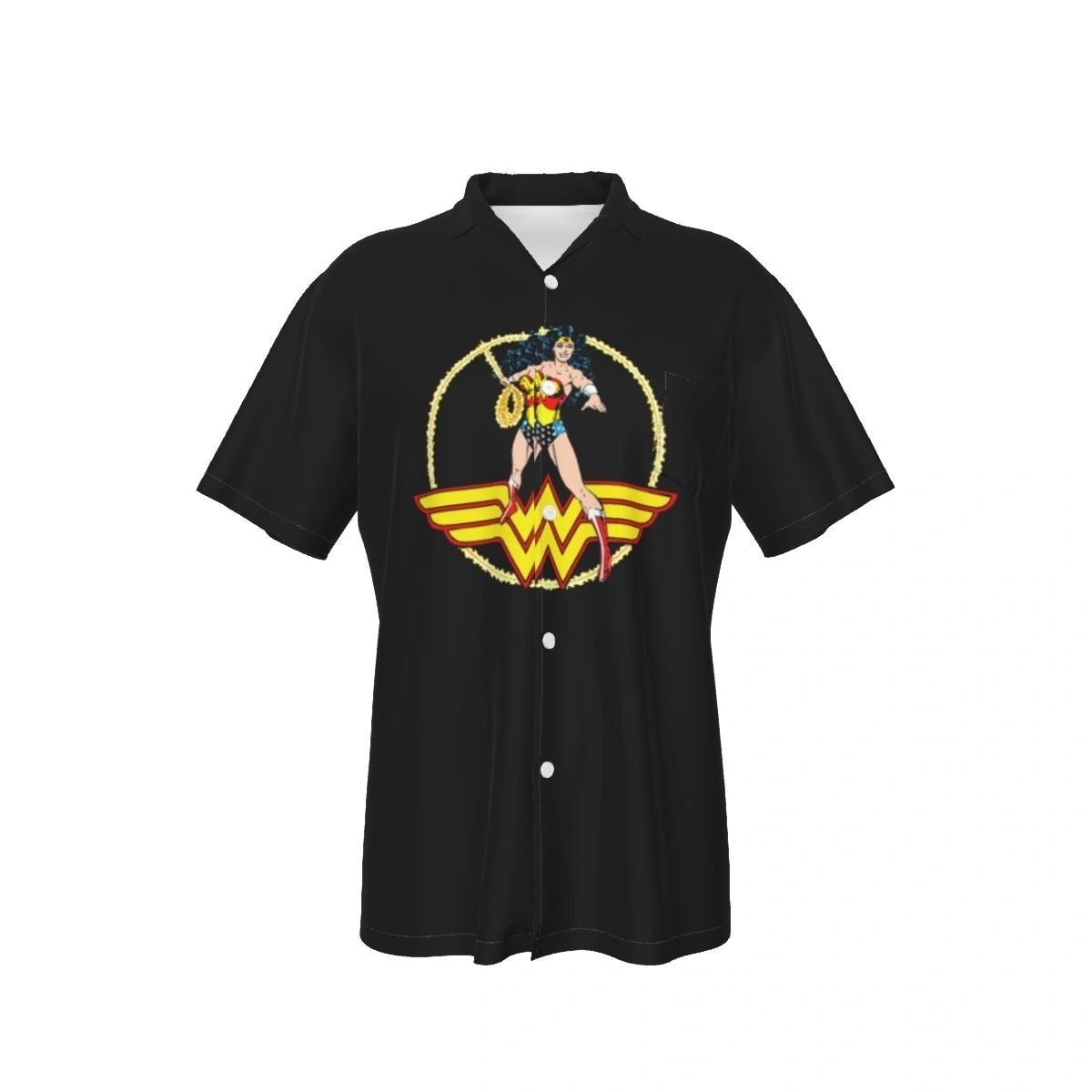 WONDER WOMAN PEREZ CUTOUT ALL OVER PRINT SHIRT, BUTTON UP & TANK