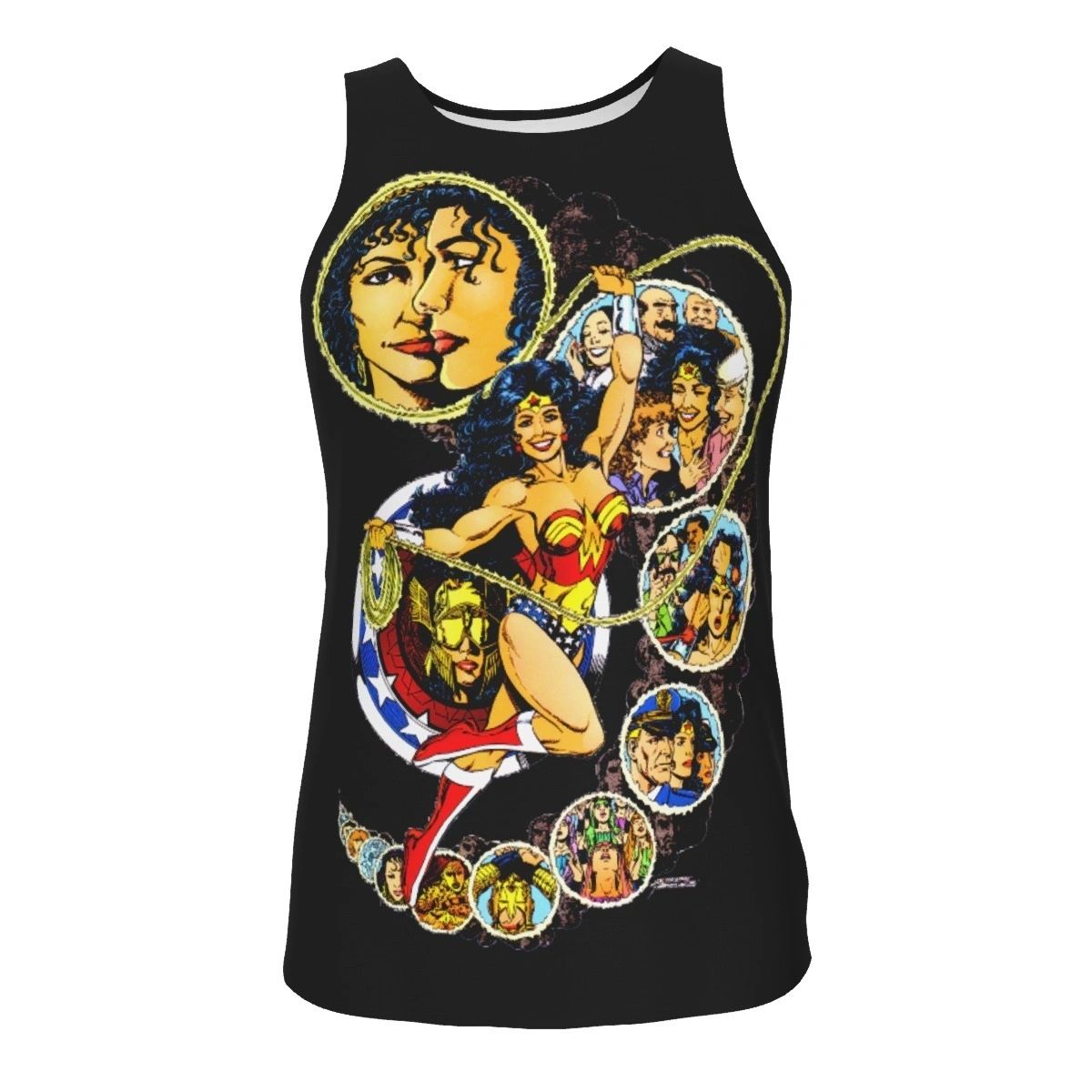 WONDER WOMAN PEREZ PINUP ALL OVER PRINT SHIRT, BUTTON UP & TANK