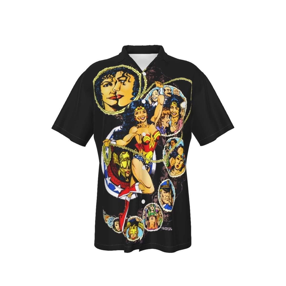 WONDER WOMAN PEREZ PINUP ALL OVER PRINT SHIRT, BUTTON UP & TANK