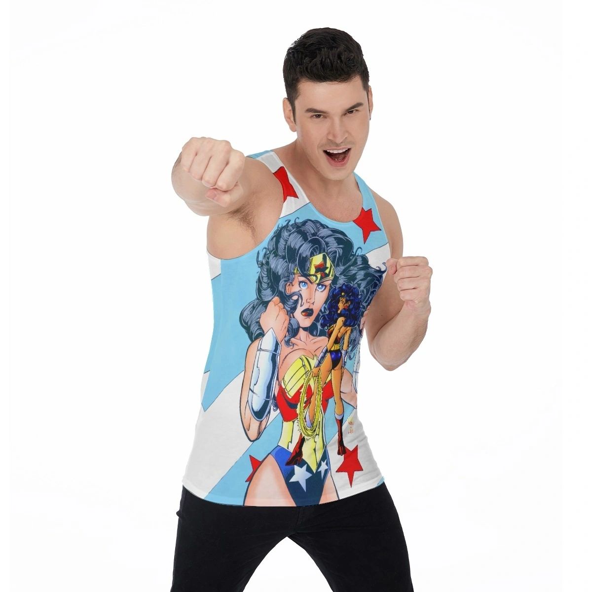 WONDER WOMAN RINGO PIN UP ALL OVER PRINT SHIRT, BUTTON UP & TANK