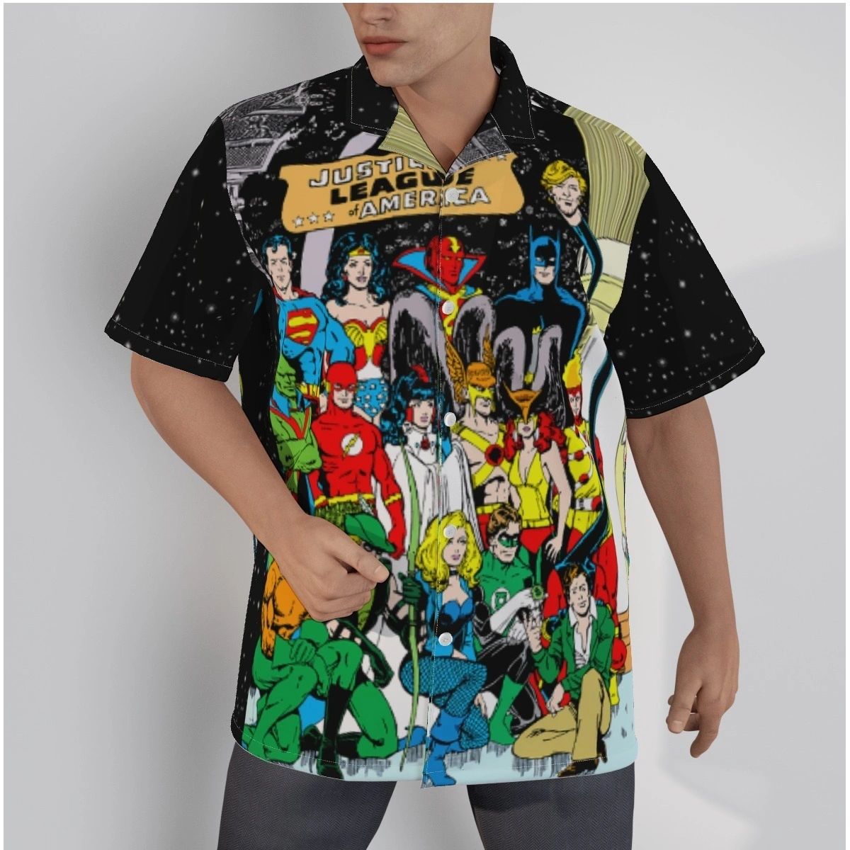JLA JSA PEREZ PINUP OVER PRINT SHIRT & TANK