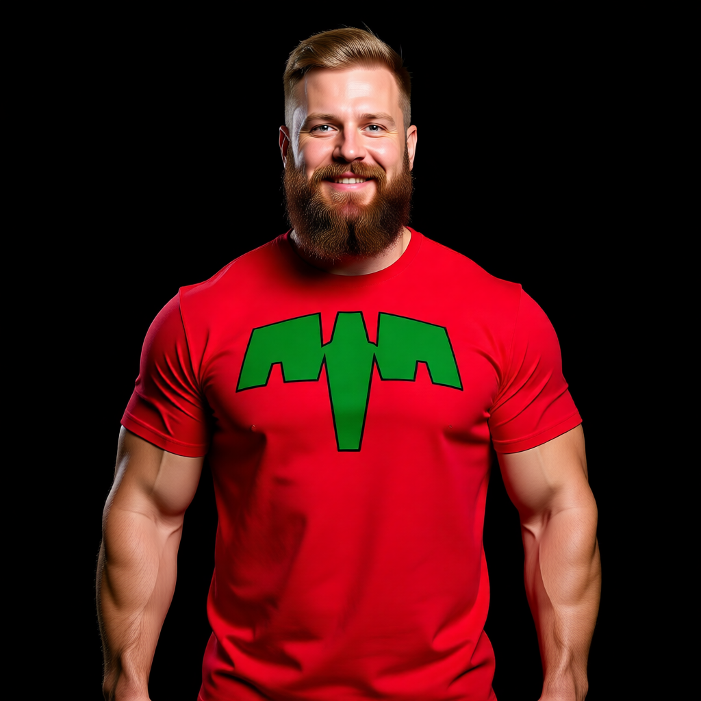 ULTRA BOY EMBLEM Man wearing a red t-shirt with a green logo on a black background