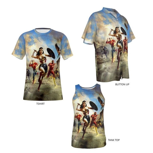 JSA WW2 MOVIE ALL OVER PRINT SHIRT, BUTTON UP & TANK - WONDER WOMAN