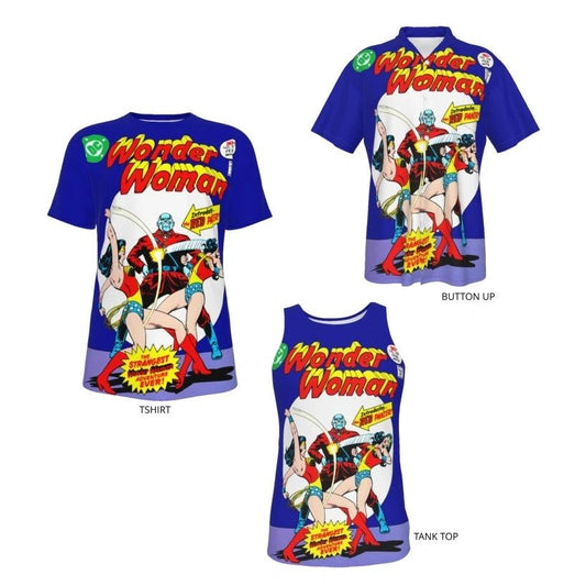 WONDER WOMAN 228 ALL OVER PRINT SHIRT, BUTTON UP & TANK