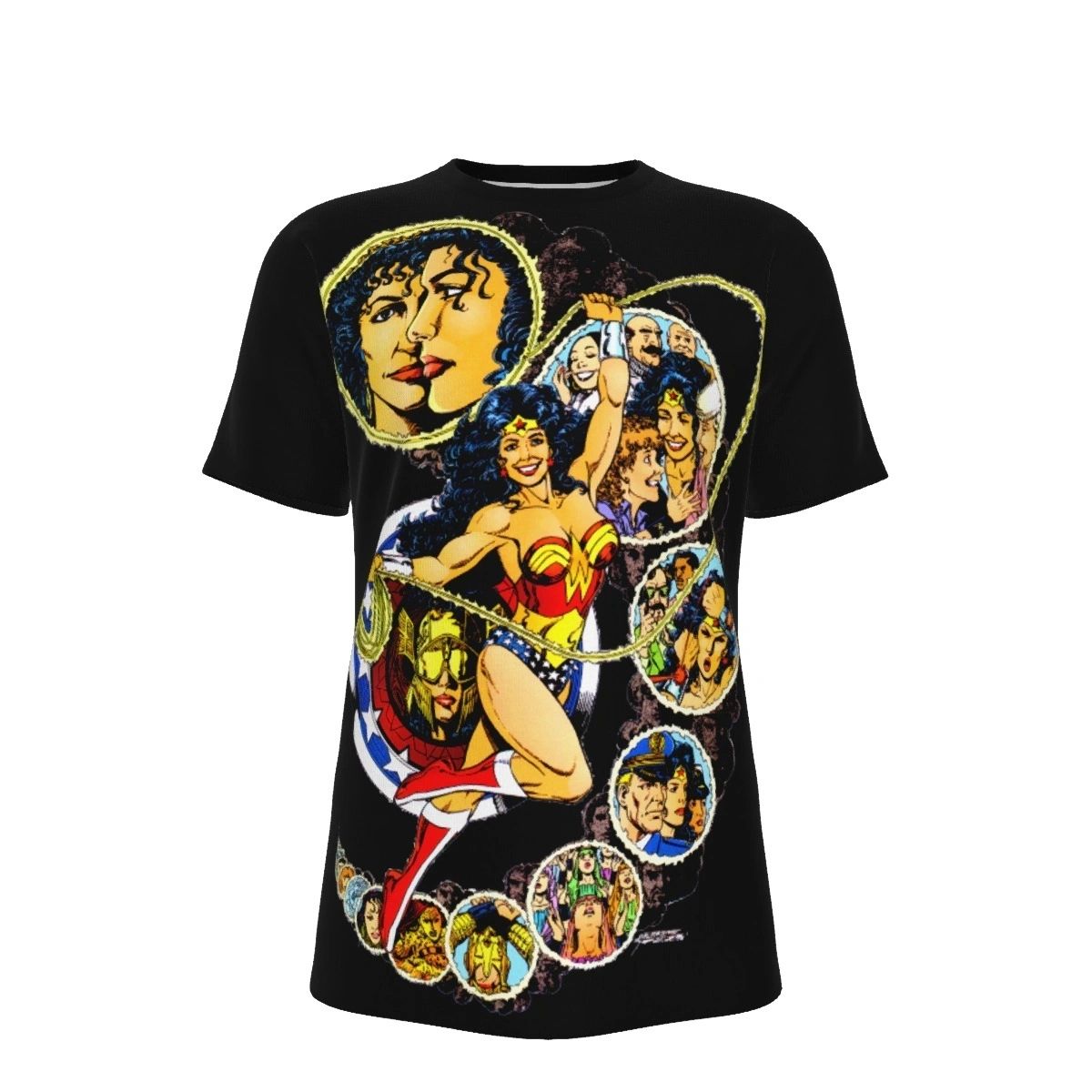 WONDER WOMAN PEREZ PINUP ALL OVER PRINT SHIRT, BUTTON UP & TANK
