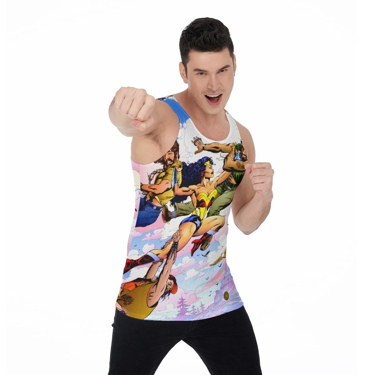 WONDER WOMAN GEORGE FREEMAN PIN UP ALL OVER PRINT SHIRT, BUTTON UP & TANK